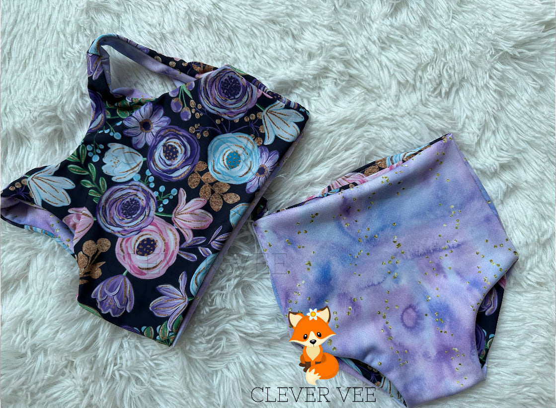 Purple Glitter Flowers Swim